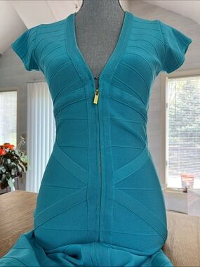 Stretta Turquoise Knit Zip Dress with Gold Hardware